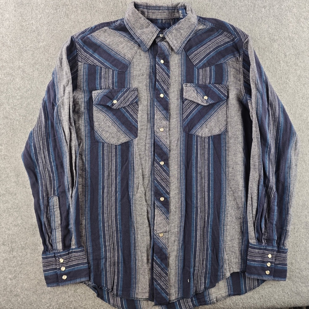 Wrangler Mens Medium Blue Grey Striped Western Pearl Snap Flannel Shirt 75098AS
